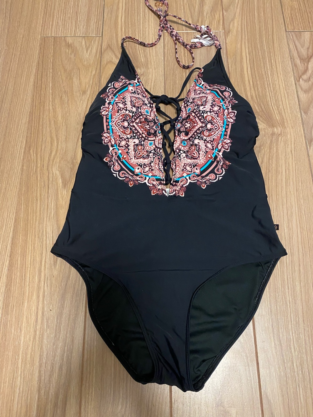 One piece lace up bathing suit mandala pattern halter